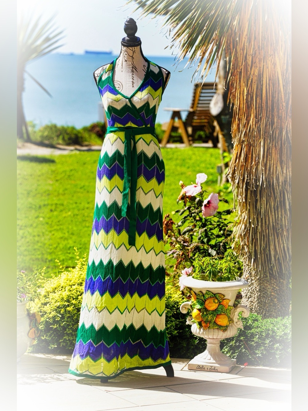 BCBGMAXAZRIA Silk Blend Chevron Knit Halter Maxi Dress – Size XS